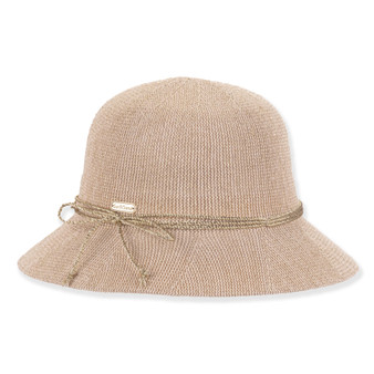 Beige knit bucket hat with rounded crown, wide brim, decorative cord bow and small metal tag shown in clear front angled view.