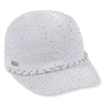 White sequined baseball cap with a silver chain band and embossed logo, showcasing front view, textured fabric detail.
