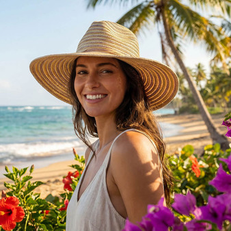 Lifestyle portrait of the Sun N Sand HH3582 Women’s Safari Hat in a natural and tan horizontal striped woven fabric, featuring a matching striped hatband and a wide, structured flat brim with a pinched crown for an adjustable fit and UPF 50+ sun