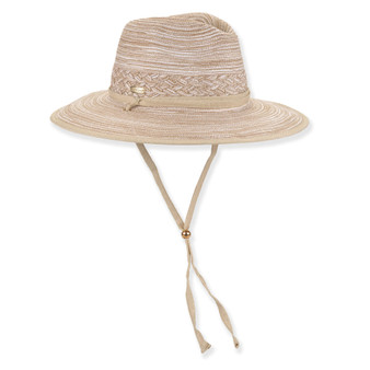 Beige woven safari hat with wide brim, rounded crown, braided band and adjustable chin strap with wooden bead shown in front angled view