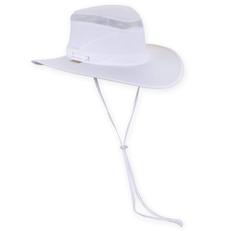 White wide brim safari hat with structured crown, mesh ventilation band, adjustable chin strap toggle, shown in clear front angled product view.