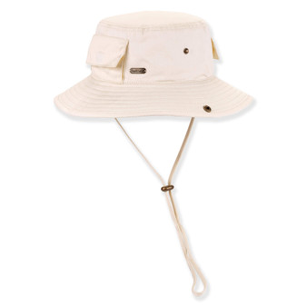 Off-white canvas bucket hat, wide brim, metal eyelets, adjustable chin strap, utility pockets.
