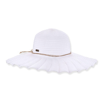 Front angled view of white wide brim sun hat with woven texture, twisted rope band, and small metallic side tag in structured stitched design
