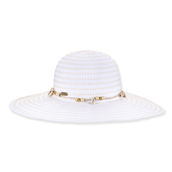 White patterned floppy hat with wide brim, subtle beige stripes, gold beaded crown cord, small metallic tag, shown in clear front angled view.