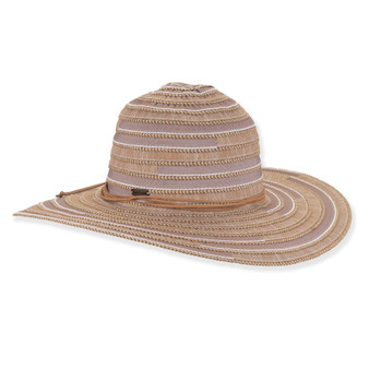 Striped woven floppy hat with wide curved brim, thin brown crown band, small metallic tag, shown in clear front angled product view.