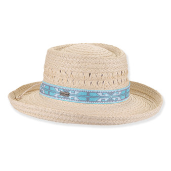 Three-quarter view of ivory Sun N Sand HH3616 A gambler hat featuring vented braided straw, geometric embroidered band, and metal hardware.