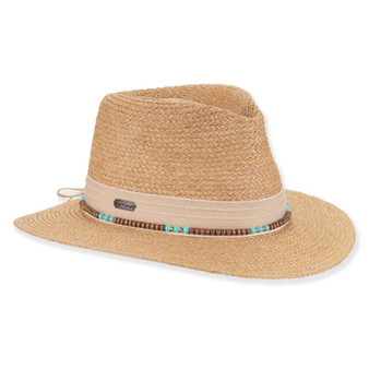 Three-quarter view of natural Sun N Sand HH3617 A fedora hat featuring braided straw, turquoise and wood bead band, and metal hardware.