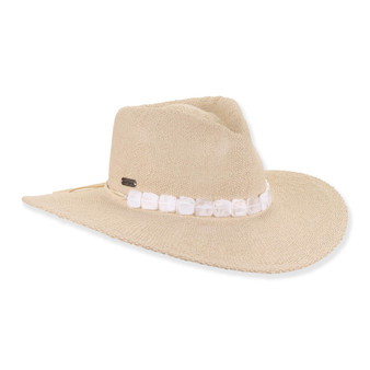 Three-quarter view of natural Sun N Sand HH3621 A safari hat featuring micro-weave straw, white square-stone band, and metal hardware.