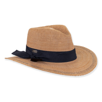 Three-quarter view of tan Sun N Sand HH3624 A safari hat featuring micro-weave straw, navy chiffon sash, and metal hardware.