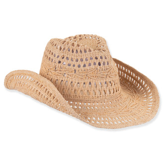 Three-quarter profile view of a tan, open-weave crocheted straw western hat featuring a pinched crown and a wide, curved brim