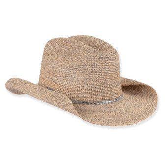 Three-quarter profile view of a tan metallic-flecked straw western hat featuring a pinched crown, rhinestone-studded band, and curved brim.