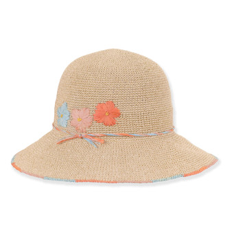 Three-quarter profile view of a tan crocheted bucket hat featuring a rounded crown, thin cord band, and floral-embroidered brim.