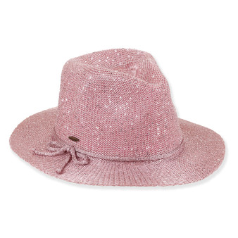 Three-quarter view of a rose-pink textured fabric sun hat featuring a pinched crown, wide brim, and matching knotted cord band.