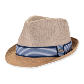 Three-quarter view of a tan linen fedora featuring a pinched crown, blue striped fabric band, and a textured straw brim.