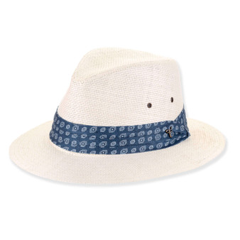 Three-quarter view of a white straw fedora featuring a pinched crown, ventilation eyelets, and a blue patterned fabric band.
