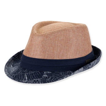 Three-quarter view of a copper linen fedora featuring a pinched crown, navy fabric band, and a tropical palm-leaf patterned brim.