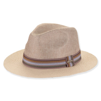 Three-quarter view of a tan linen-blend fedora featuring a pinched crown, textured weave, and a multi-colored striped fabric band.