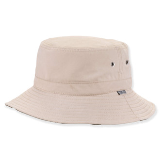 Three-quarter view of a tan performance bucket hat featuring a flat crown, textured fabric, ventilation eyelets, and a logo label.