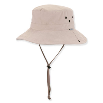 Three-quarter view of a tan performance bucket hat featuring a flat crown, ventilation eyelets, brim snap hardware, and adjustable chin-strap.