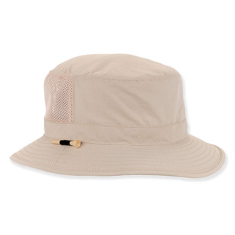 Side view of a tan performance bucket hat featuring a flat crown, mesh ventilation panels, and a wood golf tee.