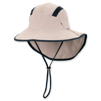 Under-brim view of a tan performance sun hat featuring a cream interior, secret pocket hardware, and adjustable tan chin-strap.