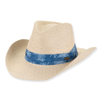 Three-quarter view of a natural straw fedora featuring a ventilated crown, teardrop crease, striped navy hatband, and metallic branding.
