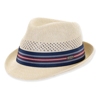 Three-quarter view of a cream straw fedora featuring a ventilated crown, teardrop crease, striped navy hatband, and metallic branding.