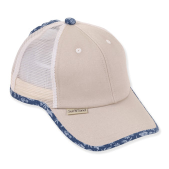 Beige mesh back baseball cap with blue floral brim trim, structured front panel, brand tag detail, shown in clear front angled view.