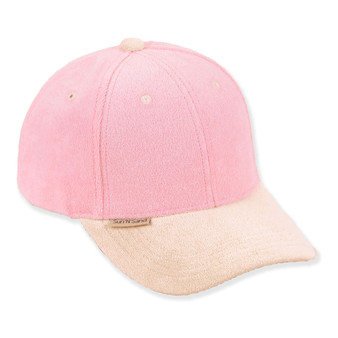 Pink textured baseball cap with beige brim, six panel crown, ventilation eyelets, small brand tag detail, shown in clean front angled view.