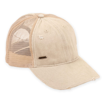 Three-quarter view of a tan trucker hat featuring mesh back panels, distressed cotton front panels, frayed curved bill, and silver logo-plate.