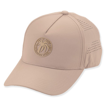 Three-quarter profile view of a tan performance ball cap featuring a structured crown, perforated side panels, and rubberized palm logo.