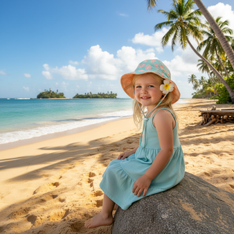 Lifestyle profile portrait of the Sun N Sand HK554 IG Baby Sun Hat in a soft mint green and peach tropical leaf print, featuring an extra-wide flexible brim and an adjustable matching chin strap for sun-safe beach play and shaded outdoor comfort.