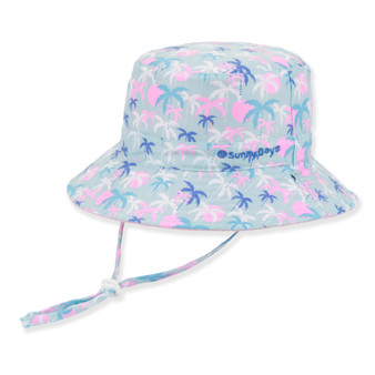 Three-quarter view of a light blue bucket hat featuring pink and purple palm tree prints and adjustable white chin strap.