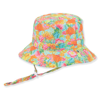 Three-quarter view of a multi-colored floral print bucket hat featuring vibrant orange and pink blooms with a matching chin strap.
