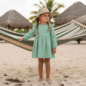 Lifestyle beach shot of the Sun N Sand HK558 kids' sun hat in a vibrant multi-color floral pattern, featuring a soft flexible brim and a crushable fabric design for easy packing and stylish UV protection.