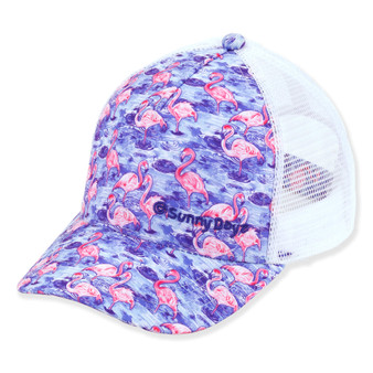 Three-quarter view of a purple trucker hat featuring an all-over pink flamingo print and white breathable mesh back panels.