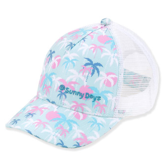 Three-quarter view of a light blue trucker hat featuring pink and blue palm tree prints and white mesh back panels.