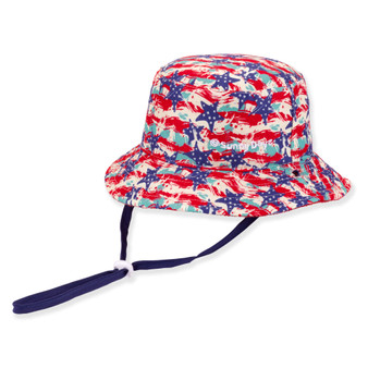 Three-quarter view of a patriotic red, white, and blue star-patterned bucket hat featuring an adjustable navy blue chin strap.