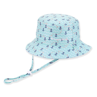 Three-quarter view of a light blue bucket hat featuring all-over navy anchor prints and an adjustable patterned chin strap.
