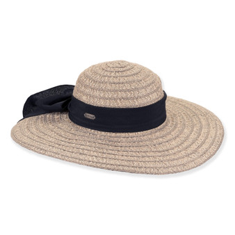 Three-quarter view of tan Sun N Sand HH3614 A floppy hat featuring concentric woven straw, navy chiffon sash, and metal hardware.