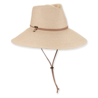 Front view of a tan woven sun hat featuring a wide brim, tapered crown, brown faux-leather band, and adjustable chin-cord.
