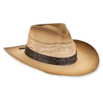 Three-quarter profile view of a tan gradient woven western hat featuring a pinched ventilated crown and embroidered leatherette studded band.