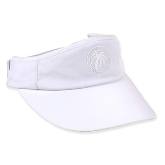 Three-quarter view of a white performance visor featuring a wide curved bill, circular palm tree logo embroidery, and adjustable strap.