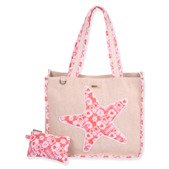 Front view of a rectangular beige burlap tote set with blue shibori print starfish, trim, matching zippered pouch, and metal hardware.