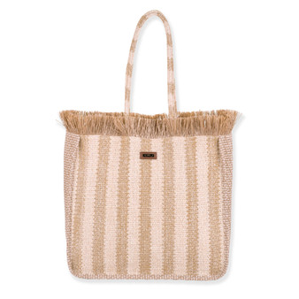 Front view of a rectangular woven tote featuring cream and tan vertical stripes, raffia fringe trim, and striped top handles.