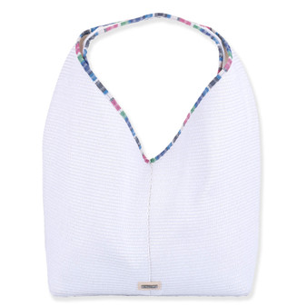 Front view of a triangular white crochet hobo bag featuring a textured honeycomb weave and vibrant multi-colored tropical print lining.
