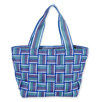 back view of a rectangular blue and purple multi-color basket-weave tote bag with matching striped handles and small attached pouch.