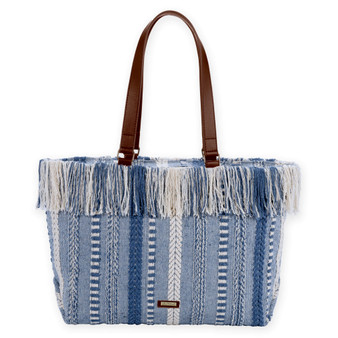 Front view of a rectangular multi-color striped woven tote bag featuring frayed fringe edges and matching striped fabric top handles.