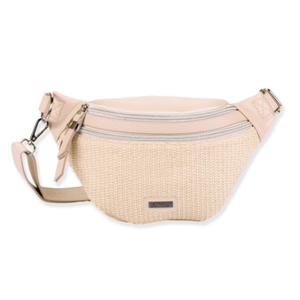 Front view of a crescent-shaped cream woven straw belt bag with dual silver zippers, matching fabric trim, and adjustable strap.