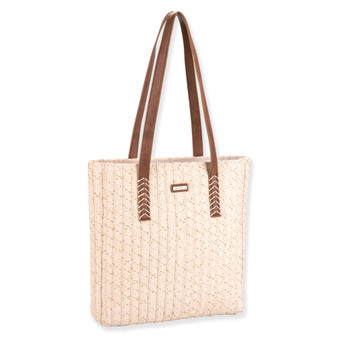 Front view of beige woven tote with brown leather straps, braided textured body, and small top center label highlighting structured everyday design.